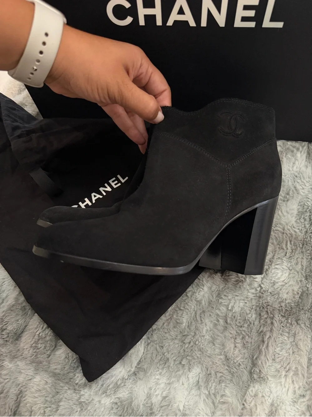 CHANEL Black Suede Ankle Booties with Sculpted Heel
